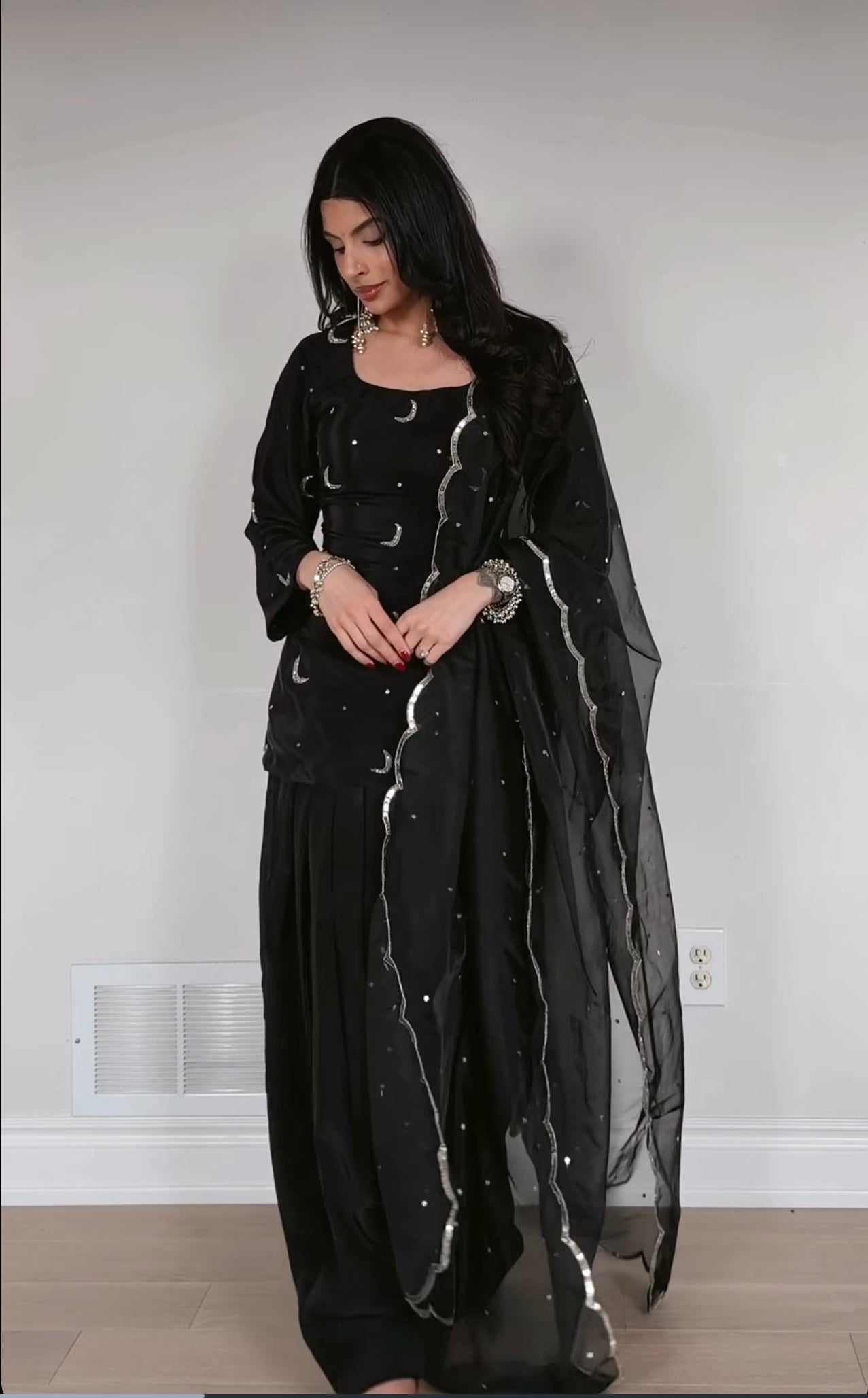 Embellished Natural Crepe Farshi Suit with Organza Dupatta
