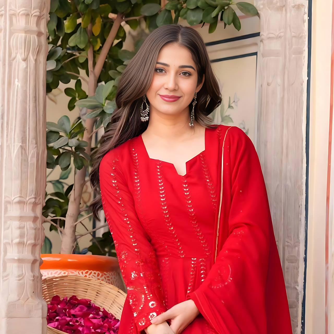 Red Faux Georgette Embroidered Anarkali Set | Festive & Partywear Suit with Dupatta
