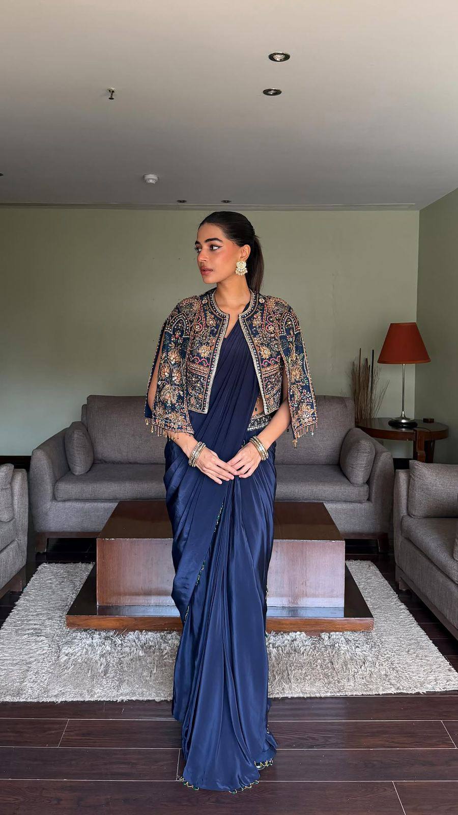 Midnight Blue Embroidered Saree with Statement Jacket