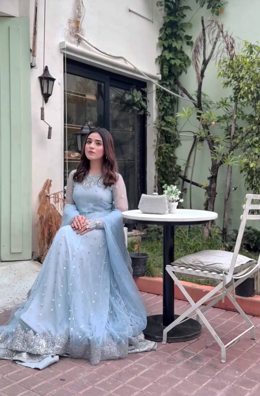 Designer faux georgette gown with thread and sequin work
