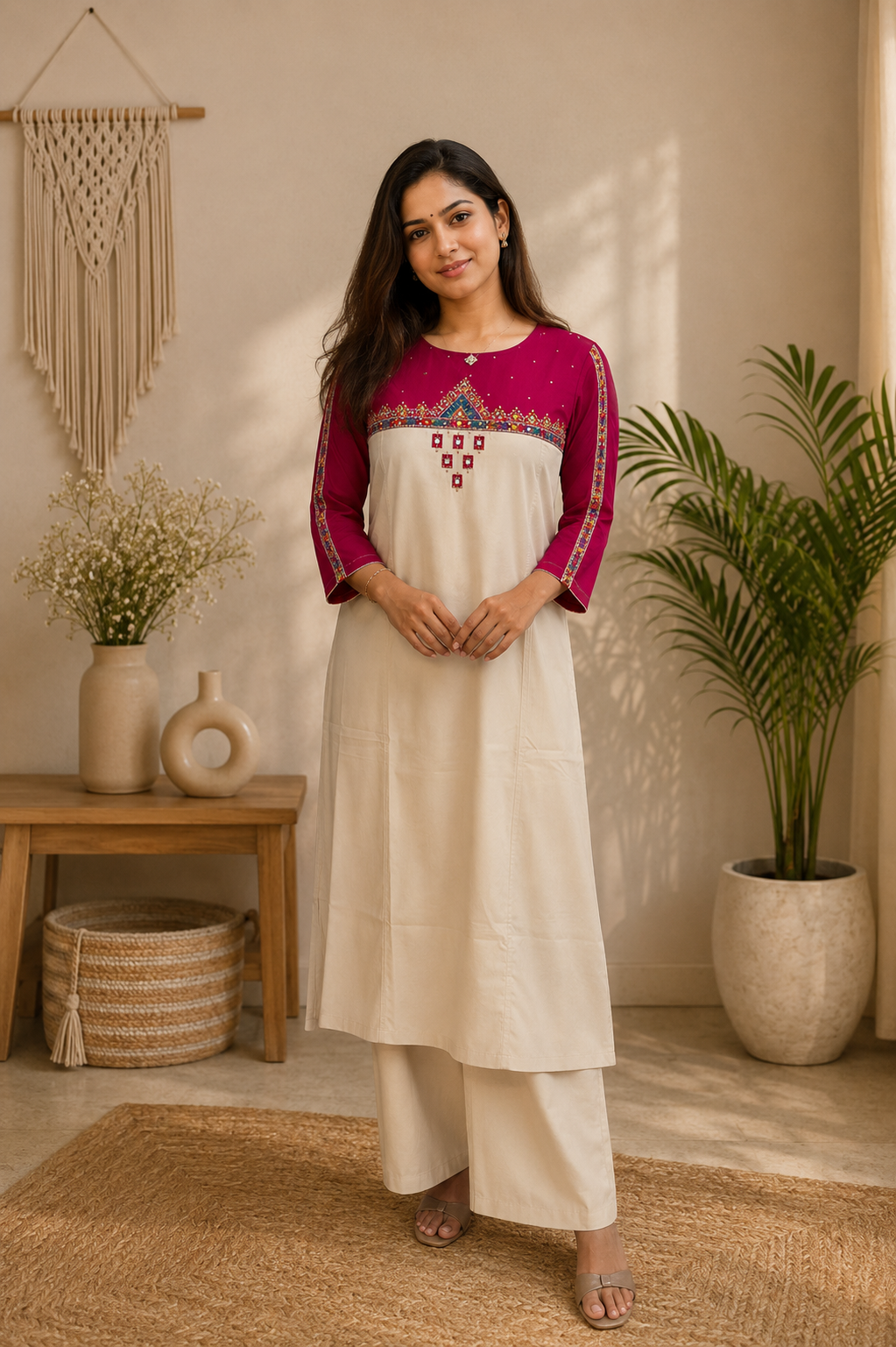 Women Embroidered Yoke Round Neck Straight Kurta with Palazzo Set