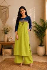 Women Embroidered Yoke Round Neck Straight Kurta with Palazzo Set
