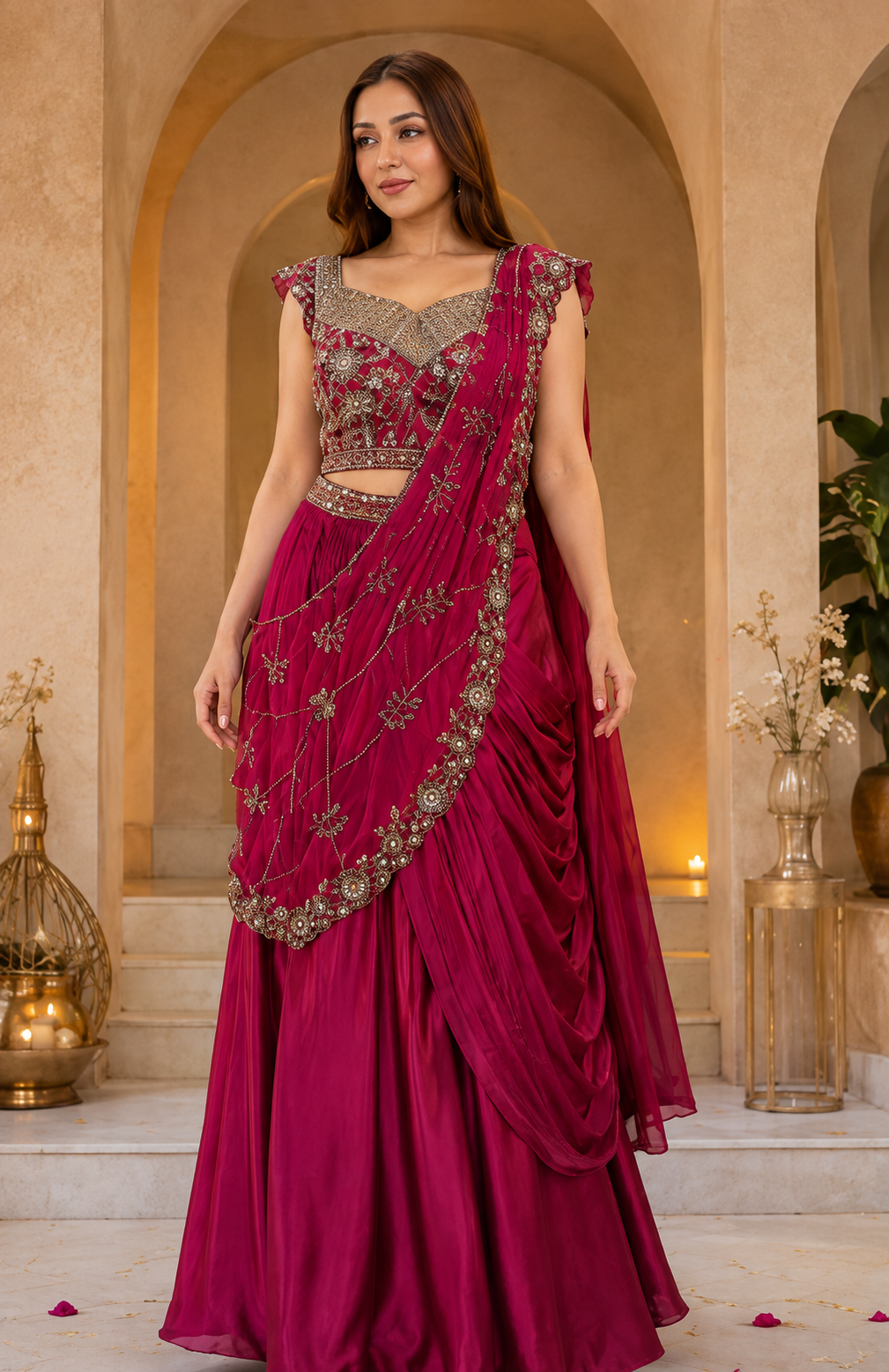 Velmira Wedding Wear Embroidered Crepe Silk Lehenga Saree Set