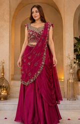 Velmira Wedding Wear Embroidered Crepe Silk Lehenga Saree Set