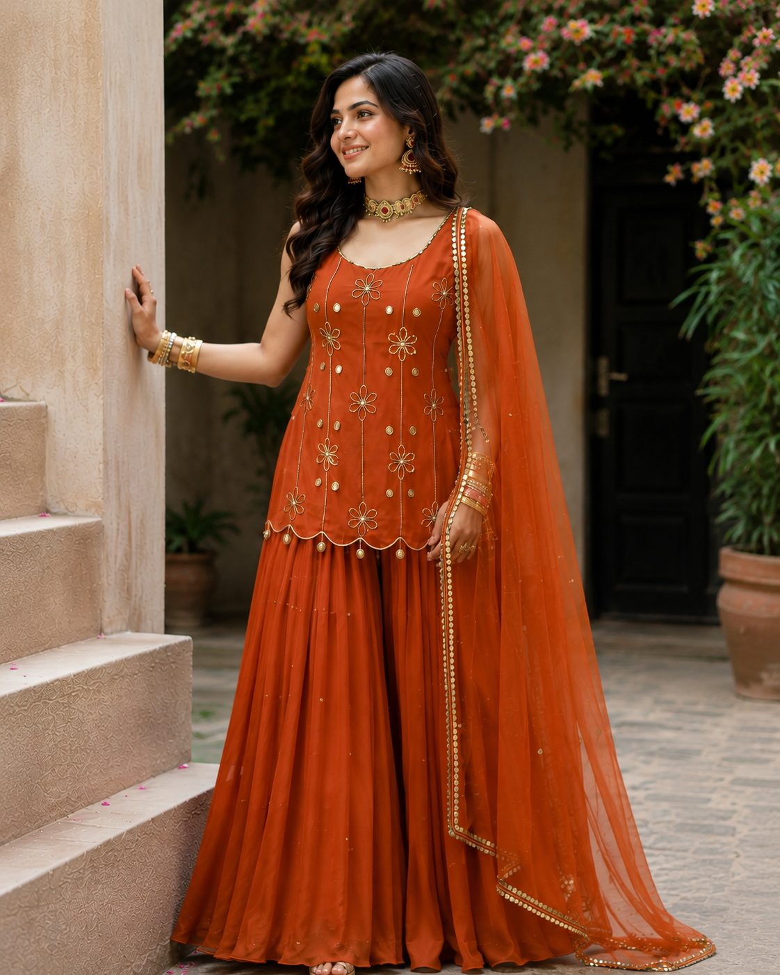 Rust Elegance Sharara Set