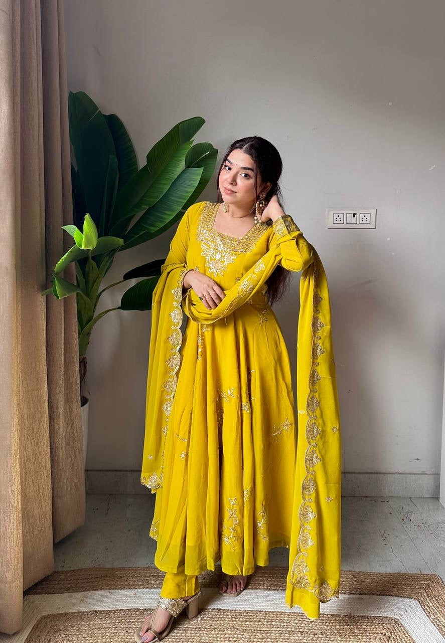 Fox Georgette Sequence Embroidery Work Gown Pant Set with Dupatta