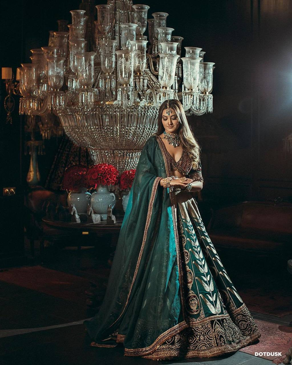 Mulmul Silk Embellished Lehenga Set with Velvet Blouse & Organza Dupatta