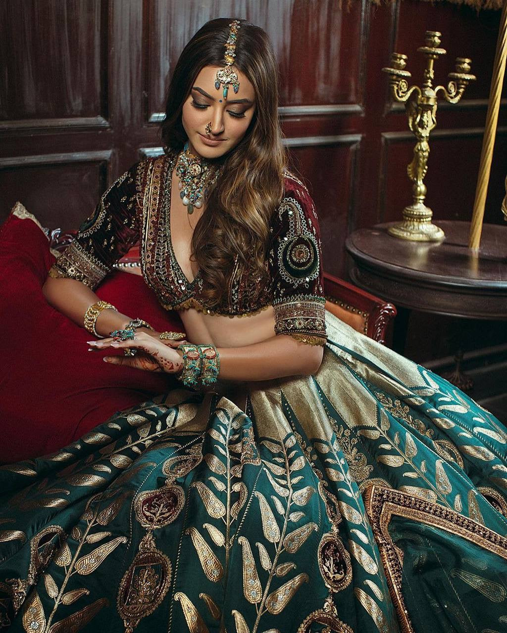 Mulmul Silk Embellished Lehenga Set with Velvet Blouse & Organza Dupatta