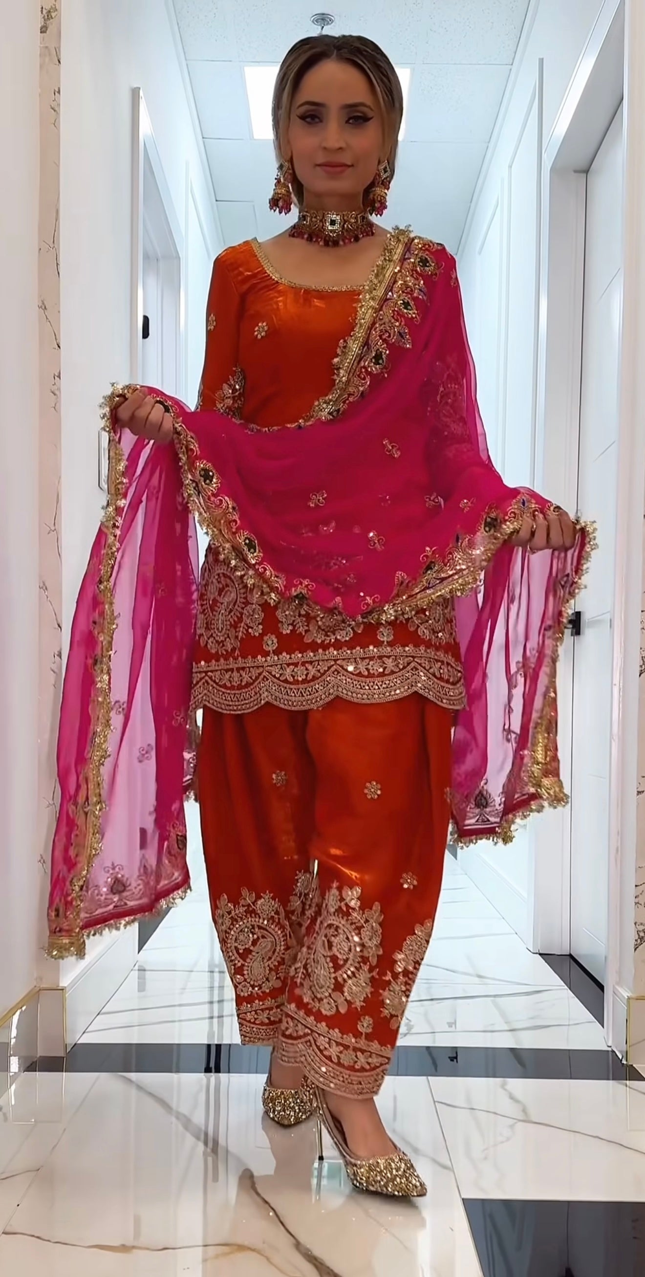 Designer Embroidered Fandy Crushi Silk Top with Farshi Salwar & Dupatta Set