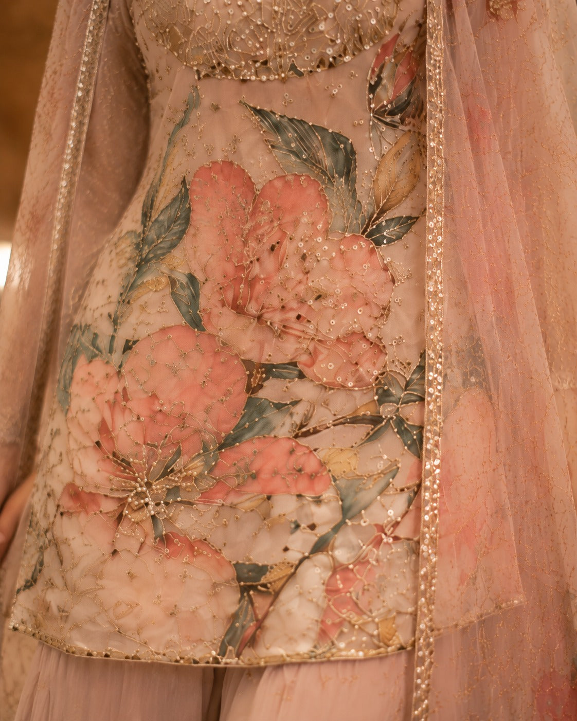 Blush Pink Floral Embellished Kurti Sharara Set with Organza Dupatta