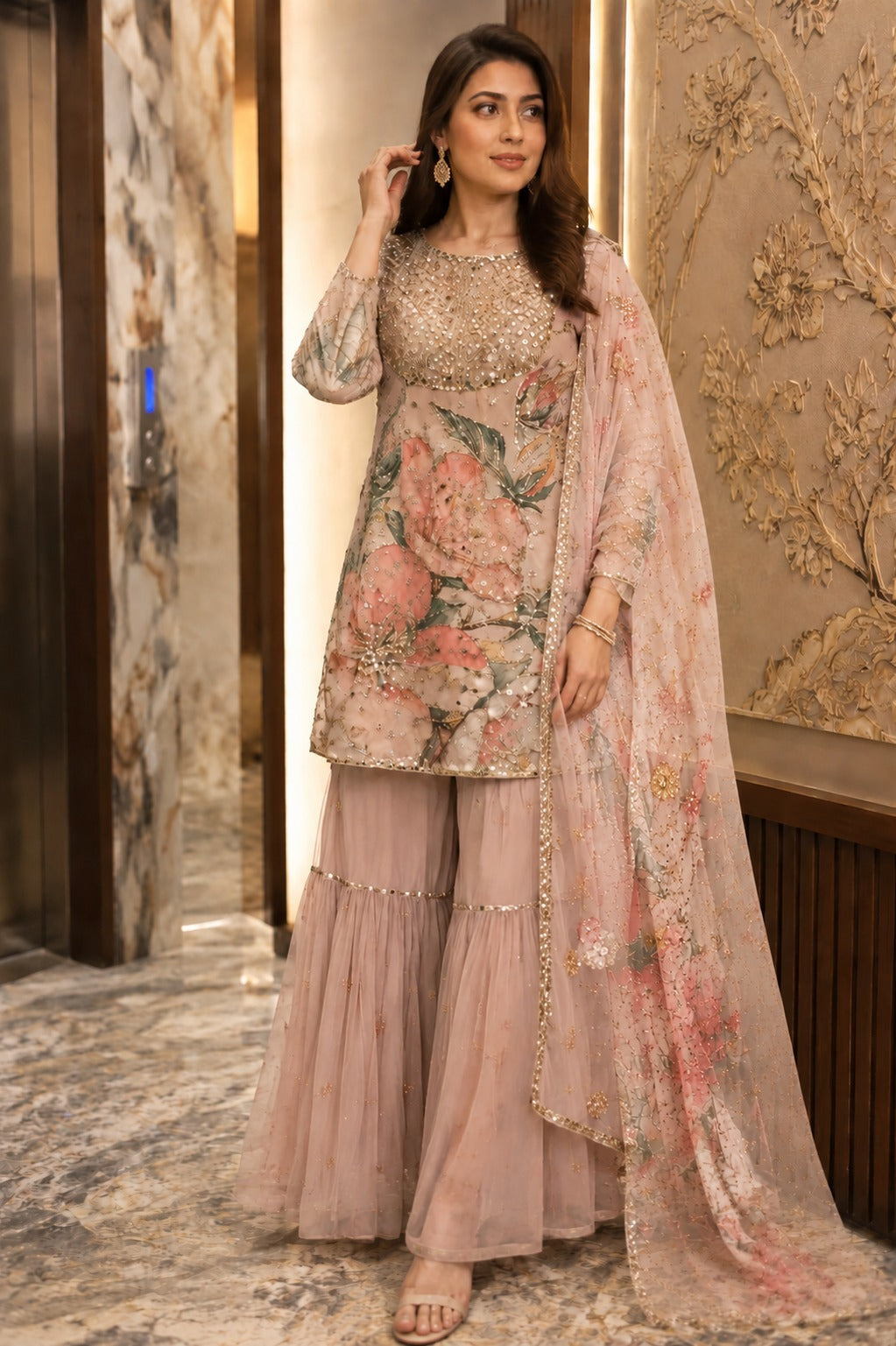 Blush Pink Floral Embellished Kurti Sharara Set with Organza Dupatta