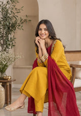 Embroidered Straight Kurta Pant Set with Dupatta