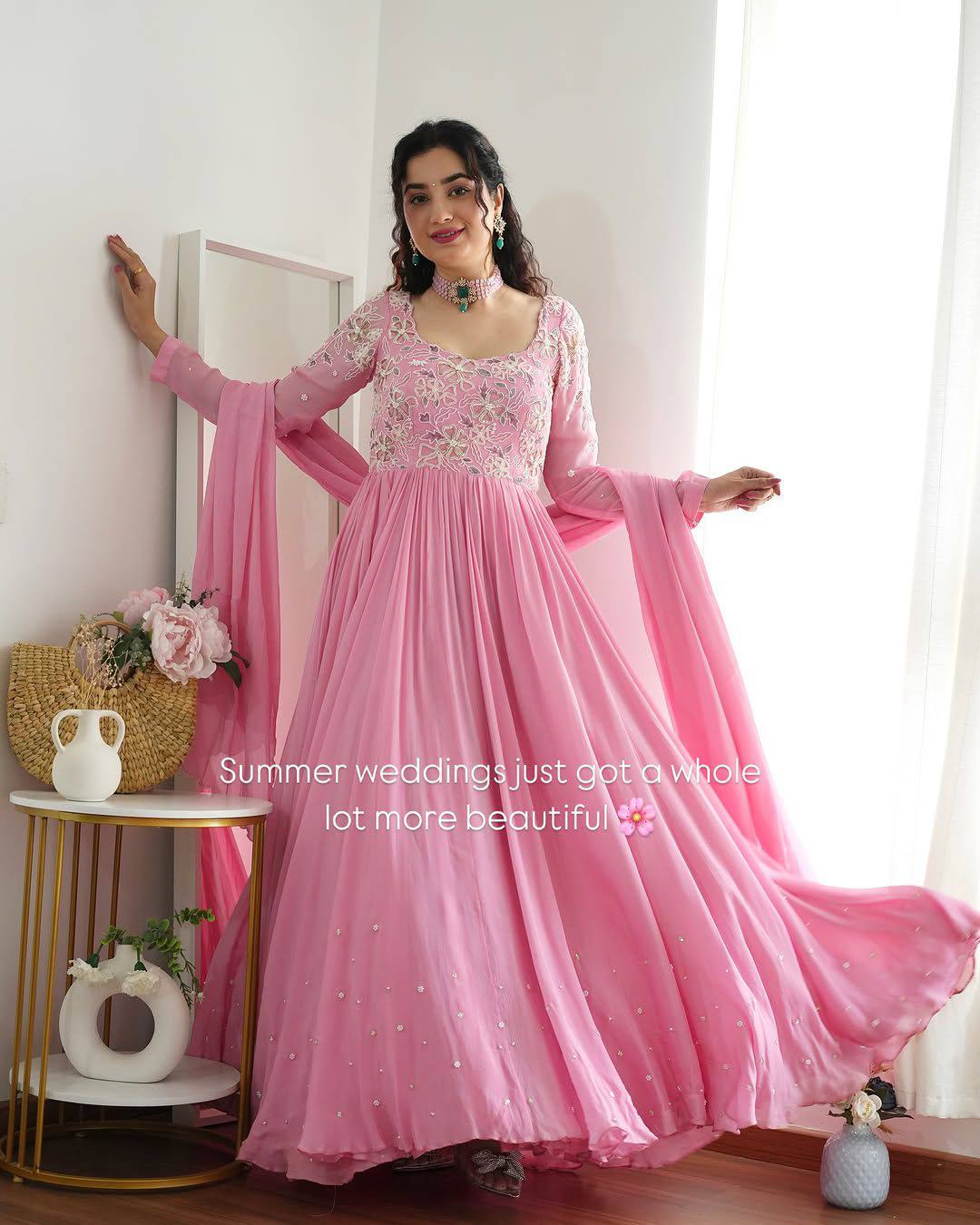 Rosy Anarkali Gown Set with Embroidered Dupatta