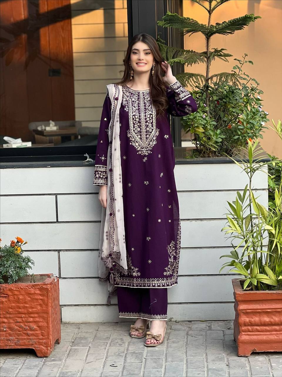 Designer Faux Georgette Sequence Embroidered Top Pant Set with Dupatta