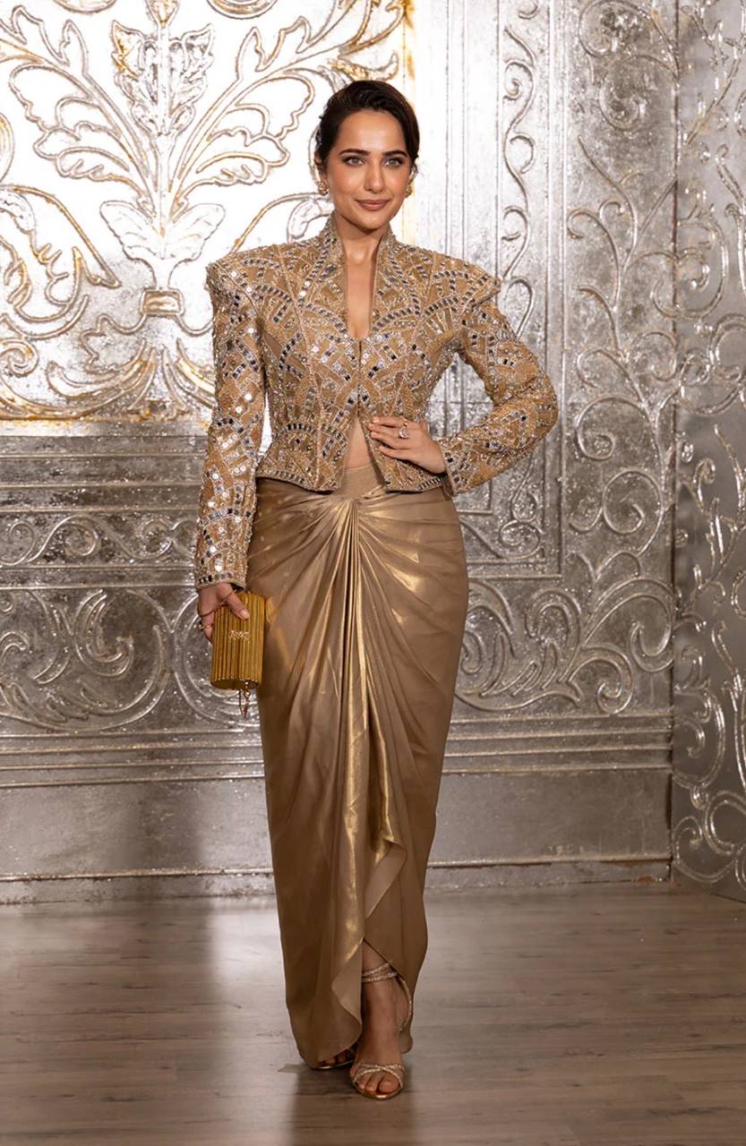 Aurevia Mirrorwork Koti Dhoti Set in Golden Foil Silk