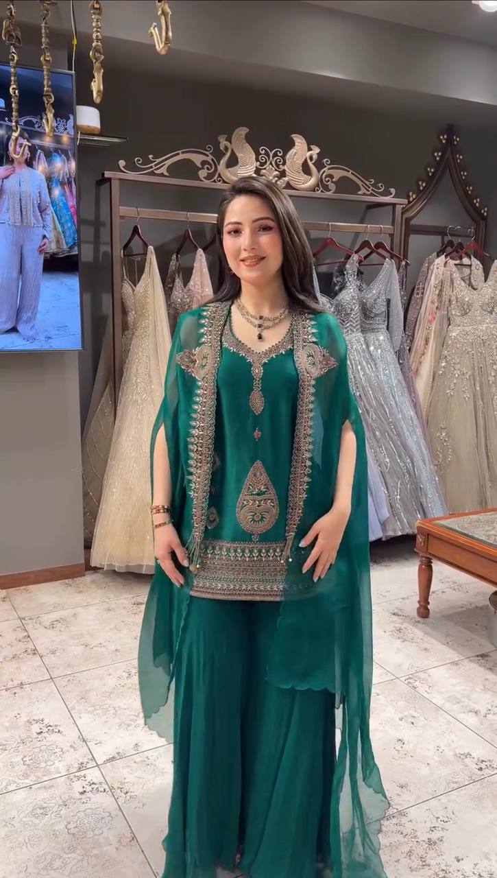 Emerald Green Embroidered Kaftan Palazzo Set