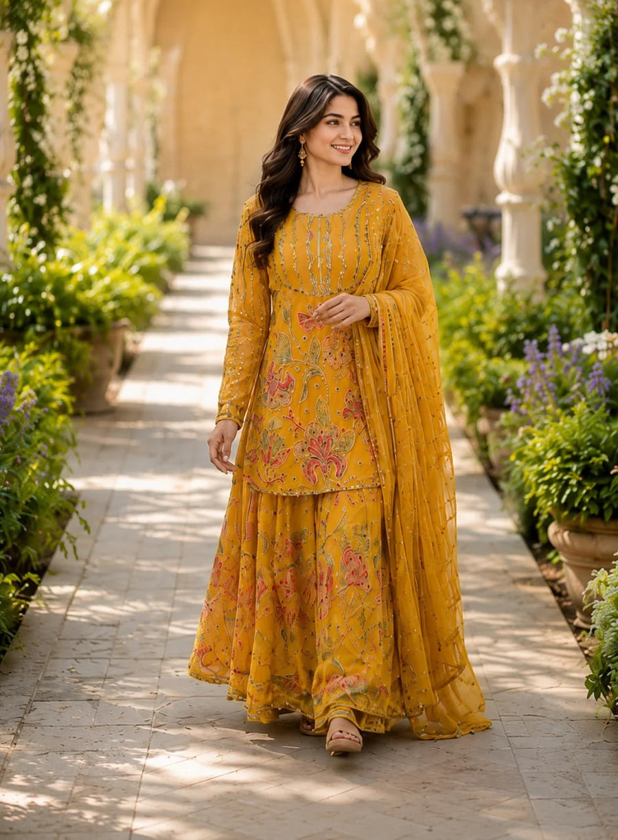 Mustard Bloom Designer Sharara Suit Set