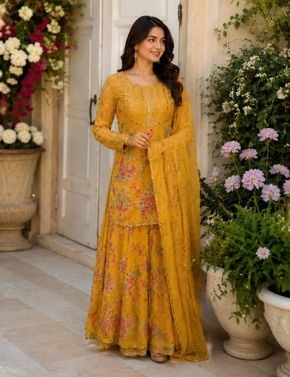 Mustard Bloom Designer Sharara Suit Set