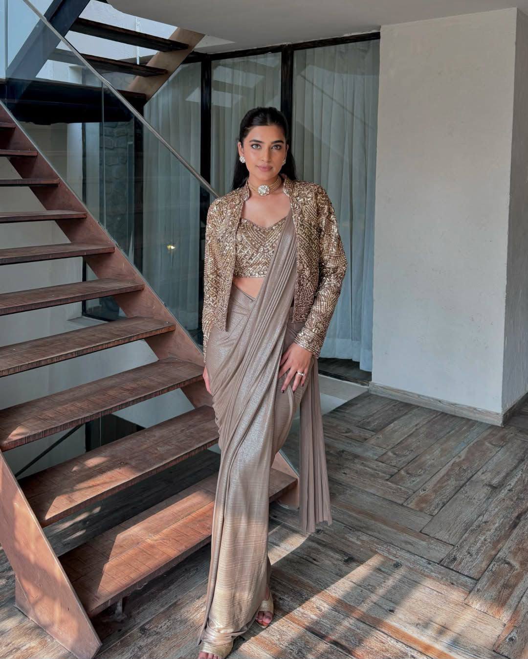 Elegant Chinon Silk Lehenga Saree Set with Embroidered Koti