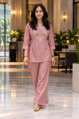 Women’s Embroidered Collar Neck Kurta Palazzo Co-ord Set