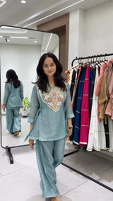 Women’s Embroidered Collar Neck Kurta Palazzo Co-ord Set